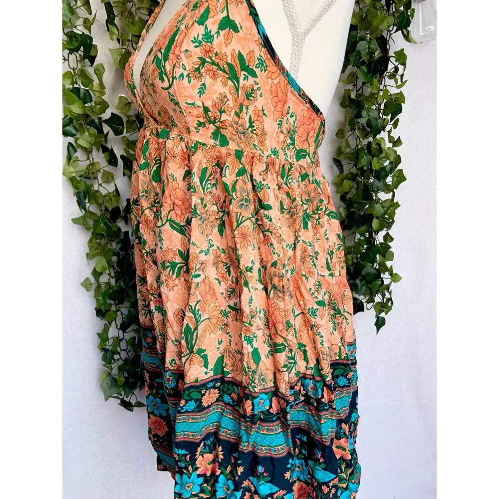 Boho Rayon Orange Teal Floral Halter Tie Empire Waist Mini Dress Women's Small - Picture 10 of 11